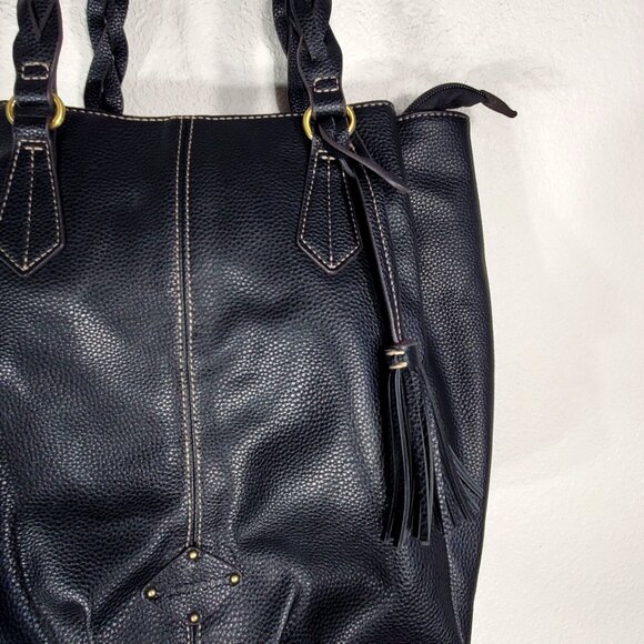 St. Johns Bay Black Faux Leather Tote Bag With Braided Handles & Tassel Accent - Picture 4 of 13